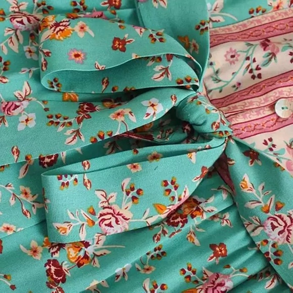 SOLD OUT Turquoise Floral Short Sleeve Off Shoulder Dress - Picture 5 of 6